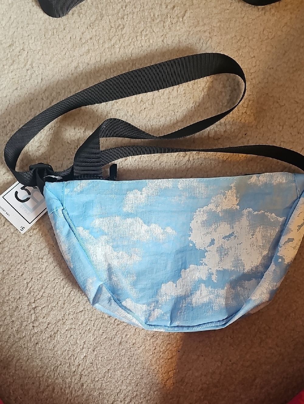 5B Style Crescent Bag - Light Blue Cloud Print with Black Strap